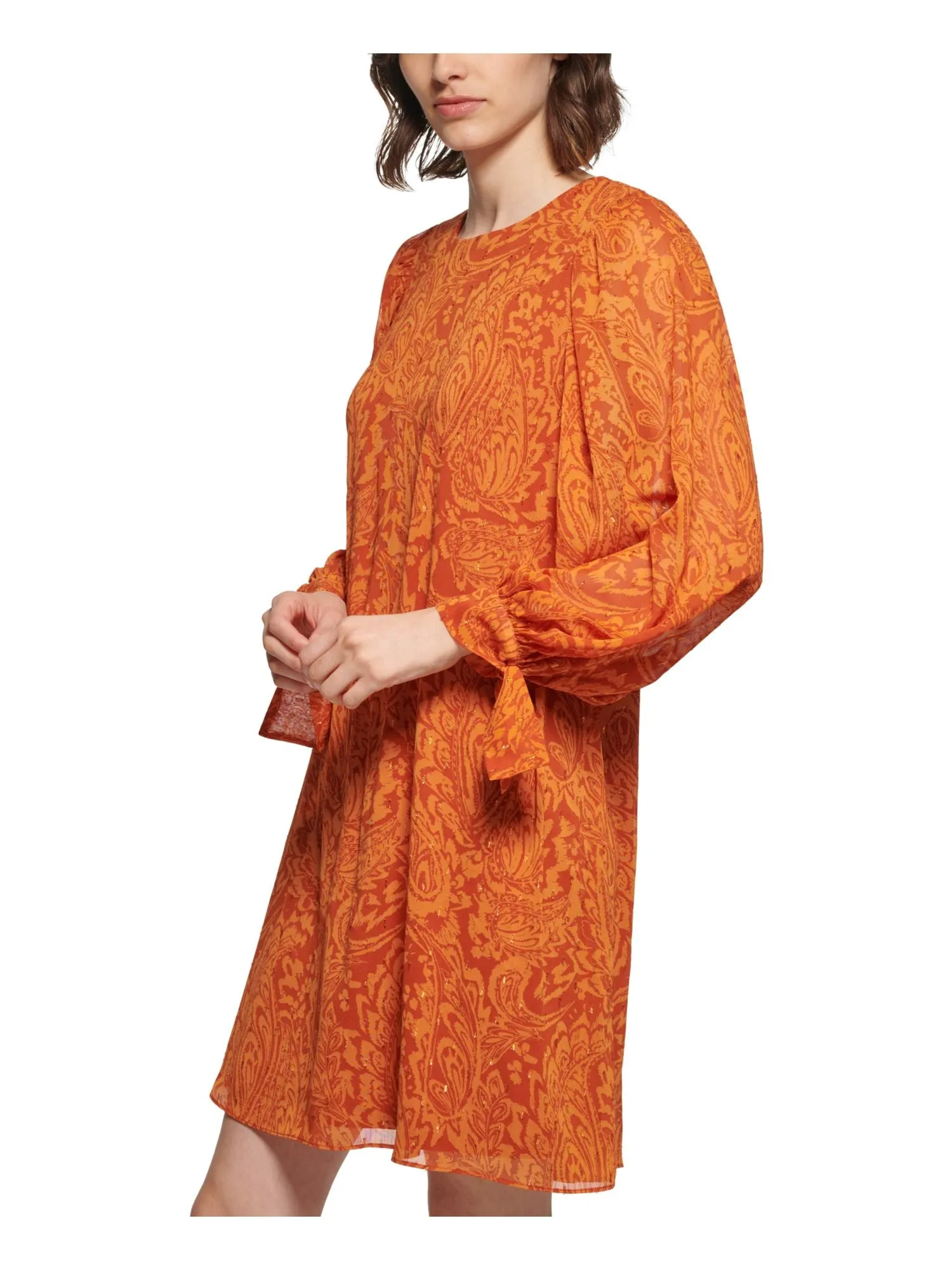 CALVIN KLEIN Womens Orange Lined Paisley Balloon Sleeve Round Neck Above The Knee Wear To Work Shift Dress