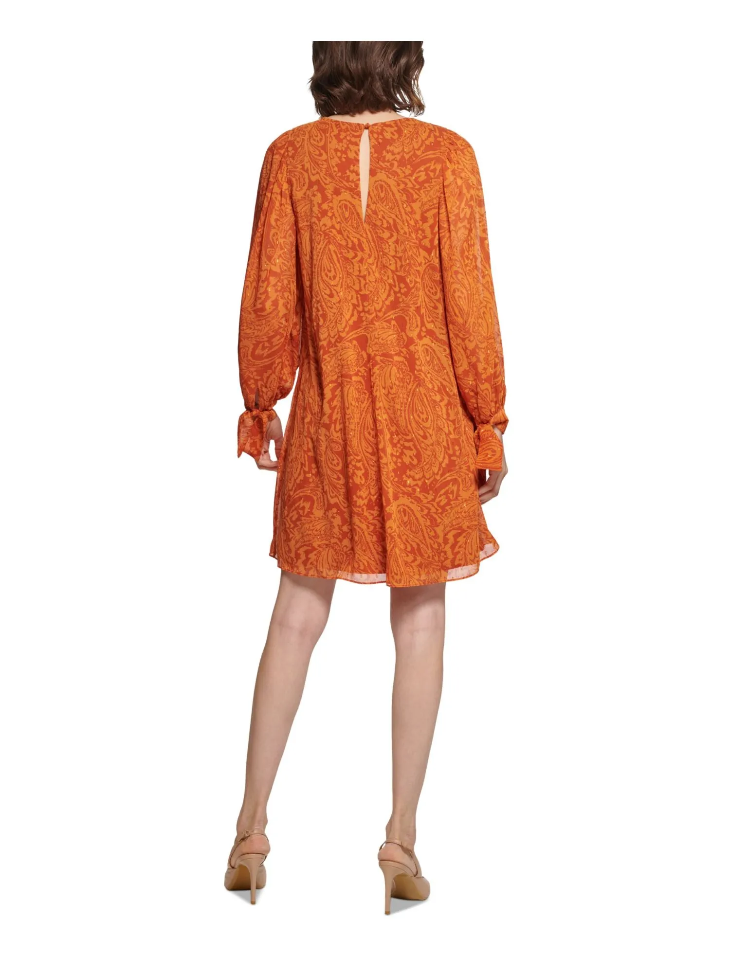 CALVIN KLEIN Womens Orange Lined Paisley Balloon Sleeve Round Neck Above The Knee Wear To Work Shift Dress