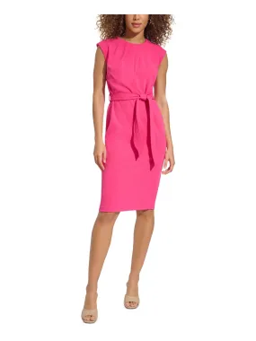 CALVIN KLEIN Womens Pleated Cap Sleeve Jewel Neck Knee Length Wear To Work Sheath Dress