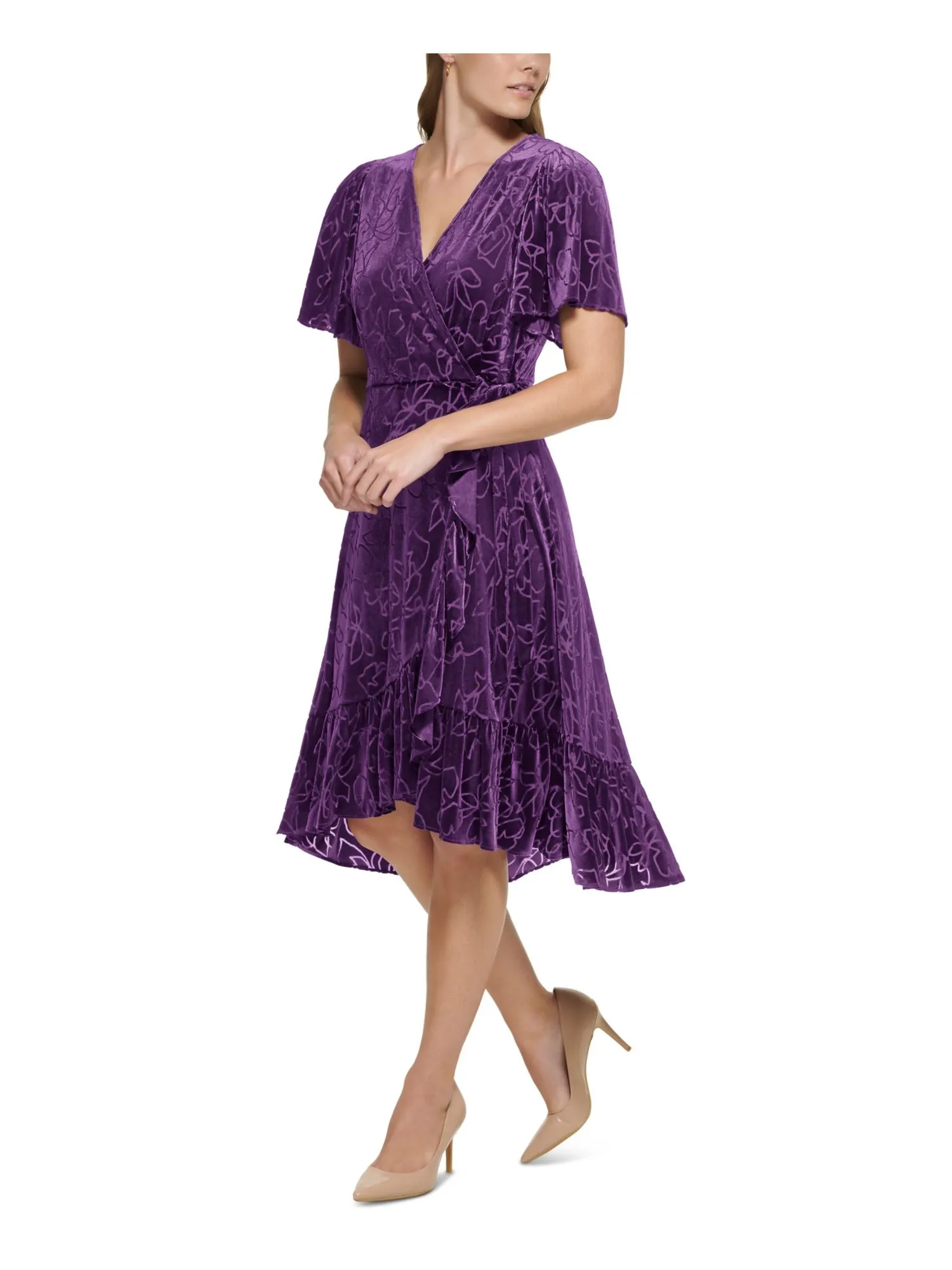 CALVIN KLEIN Womens Purple Zippered Lined Ruffled Hi-lo Hem Tie-waist Flutter Sleeve Surplice Neckline Midi Wear To Work Faux Wrap Dress