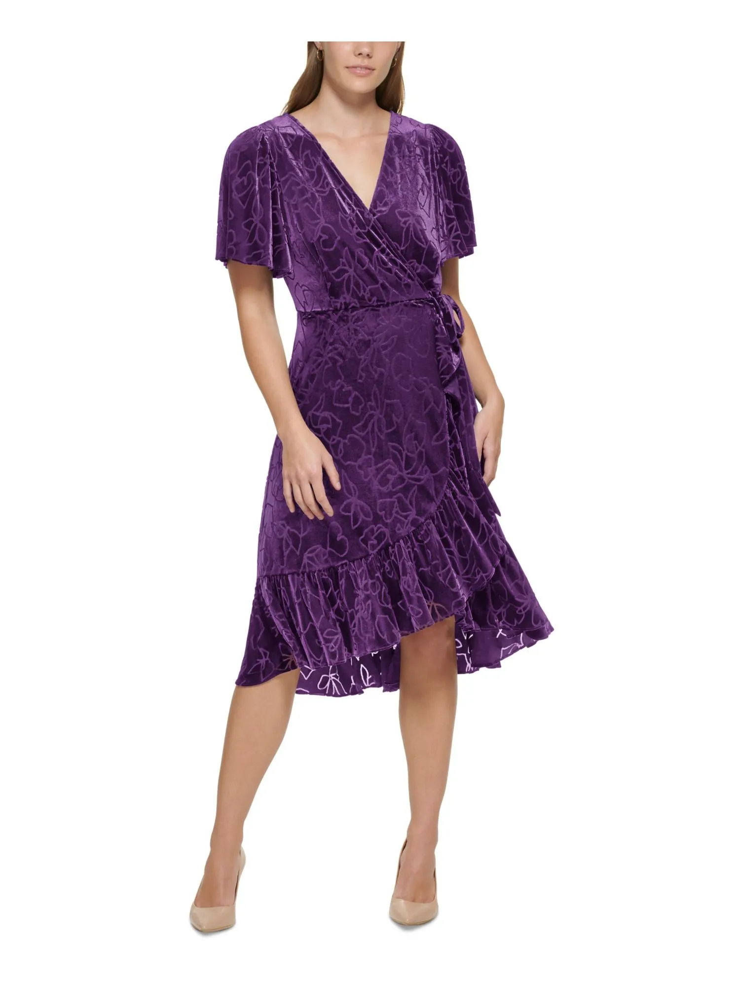 CALVIN KLEIN Womens Purple Zippered Lined Ruffled Hi-lo Hem Tie-waist Flutter Sleeve Surplice Neckline Midi Wear To Work Faux Wrap Dress