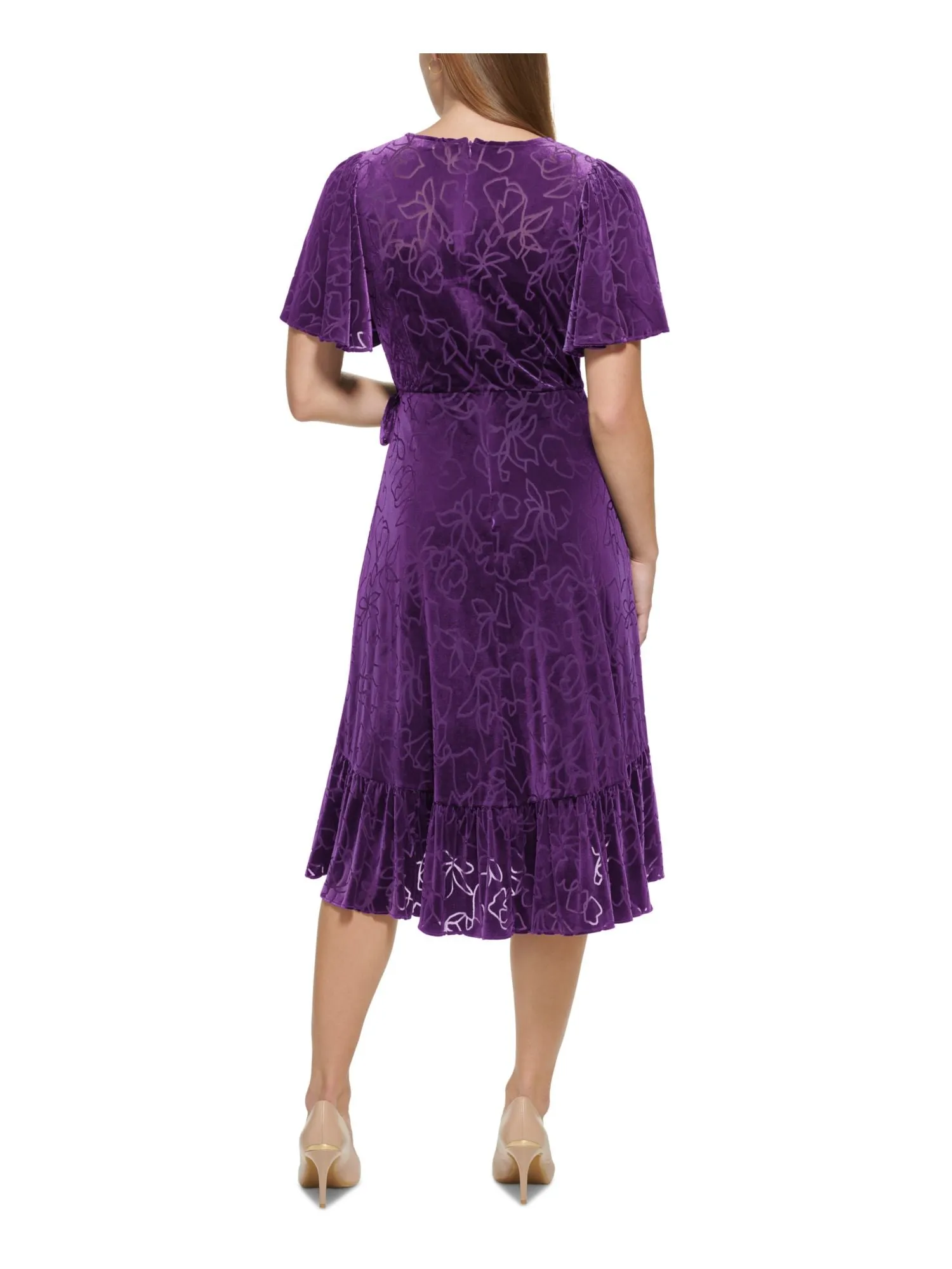 CALVIN KLEIN Womens Purple Zippered Lined Ruffled Hi-lo Hem Tie-waist Flutter Sleeve Surplice Neckline Midi Wear To Work Faux Wrap Dress