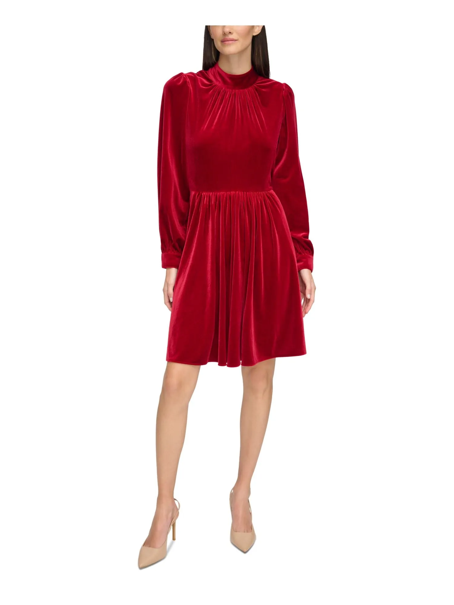 CALVIN KLEIN Womens Red Gathered Zippered Lined Cuffed Sleeve Mock Neck Above The Knee Party Fit   Flare Dress