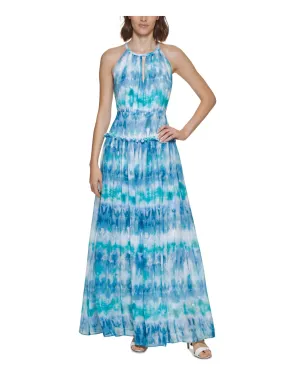 CALVIN KLEIN Womens Turquoise Zippered Cut Out Ruffle Trim Tie Dye Sleeveless Round Neck Full-Length Formal Gown Dress