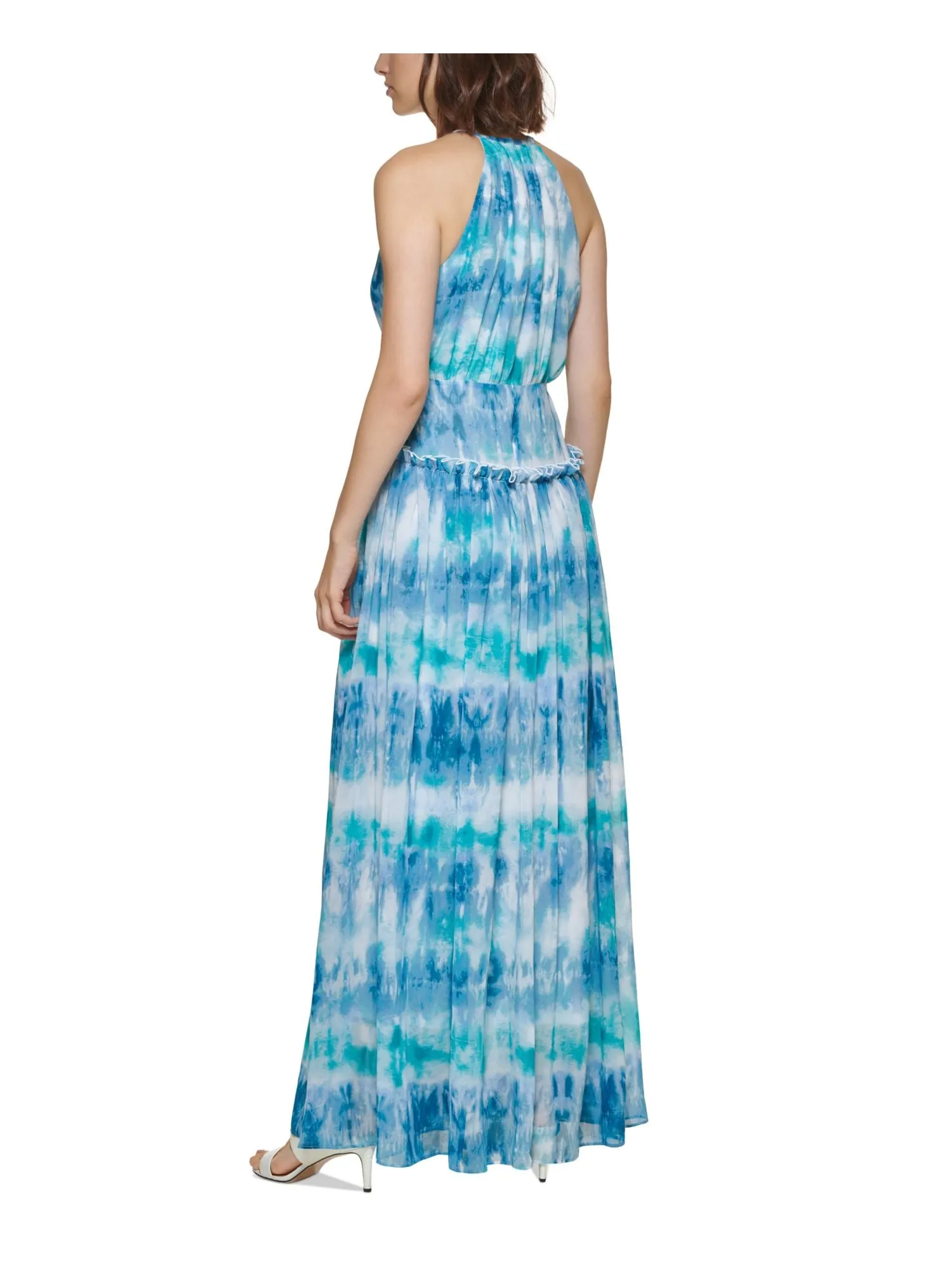 CALVIN KLEIN Womens Turquoise Zippered Cut Out Ruffle Trim Tie Dye Sleeveless Round Neck Full-Length Formal Gown Dress