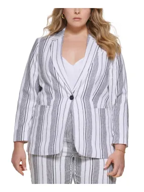 CALVIN KLEIN Womens White Pocketed Lined Button Closure Back Slit Striped Wear To Work Blazer Jacket