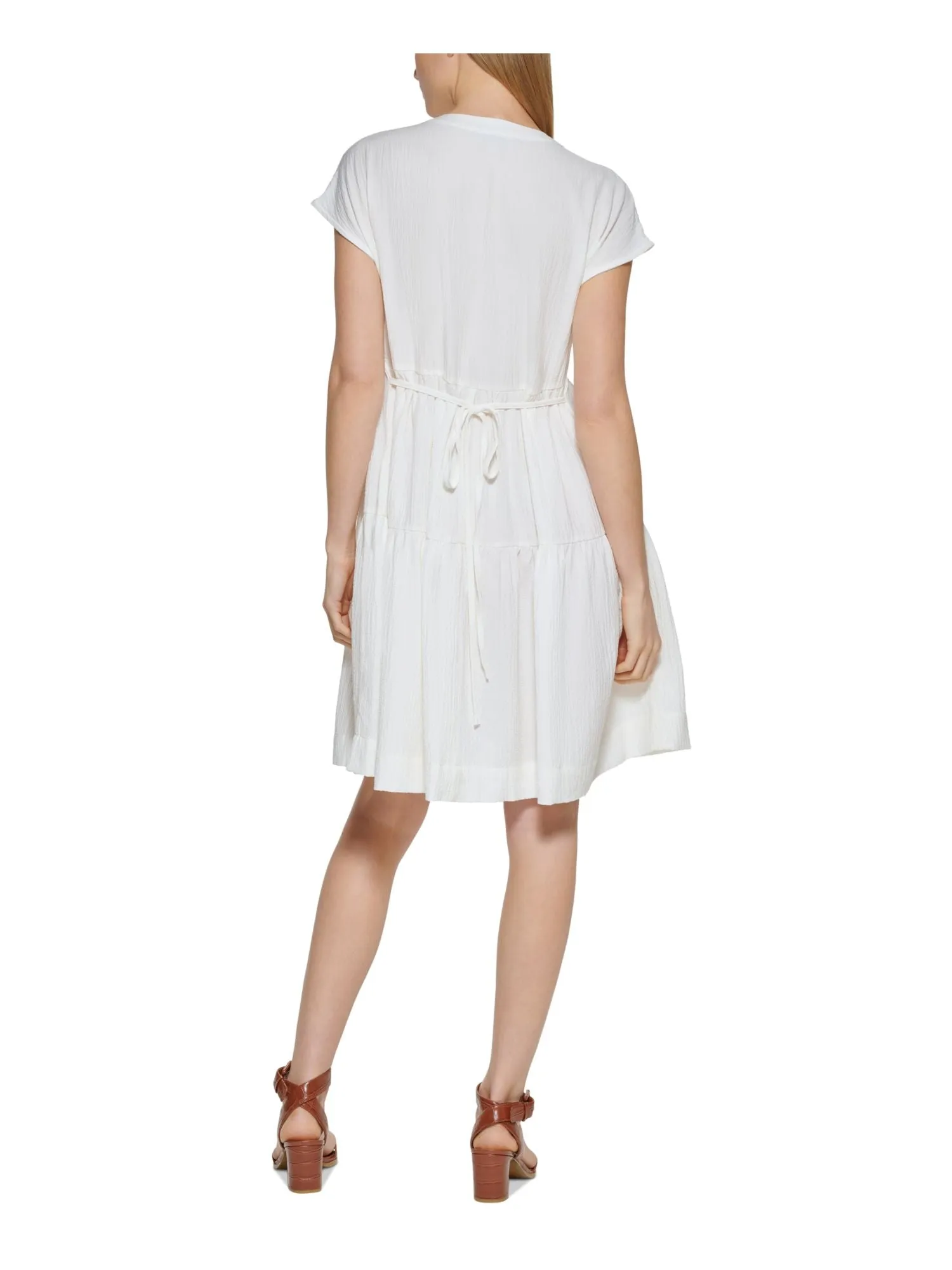 CALVIN KLEIN Womens White Textured Pocketed Back Tie Short Sleeve Split Above The Knee Shift Dress