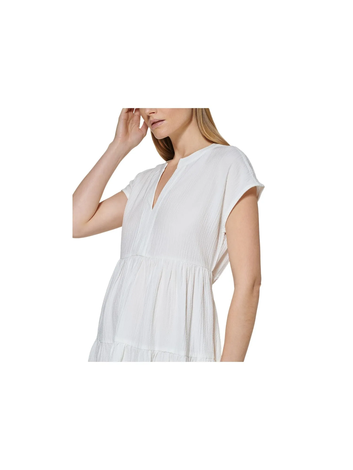 CALVIN KLEIN Womens White Textured Pocketed Back Tie Short Sleeve Split Above The Knee Shift Dress