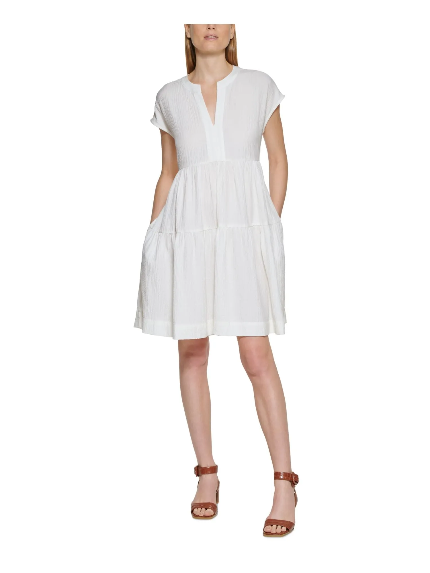 CALVIN KLEIN Womens White Textured Pocketed Back Tie Short Sleeve Split Above The Knee Shift Dress