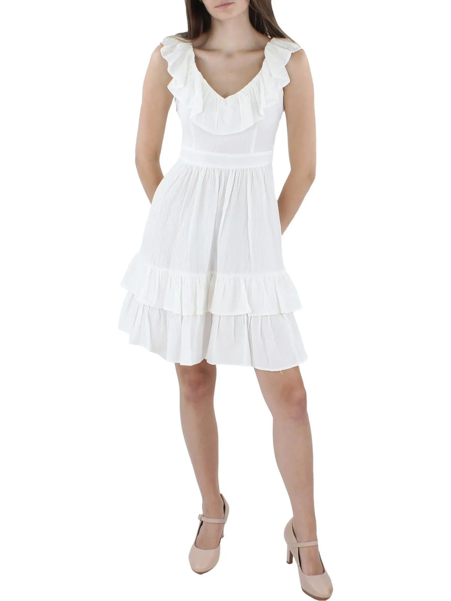 CALVIN KLEIN Womens White Zippered Textured Ruffled Neckline Tiered Hem Flutter Sleeve V Neck Above The Knee Fit   Flare Dress