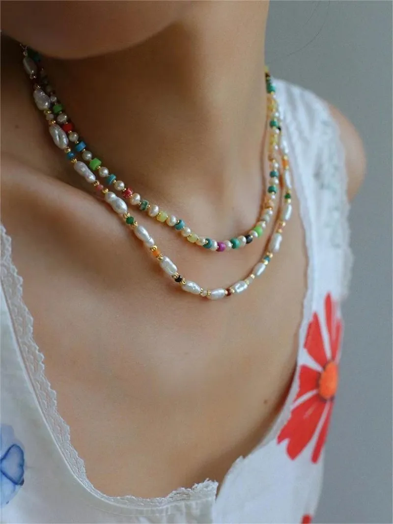 Candy-Colored Gemstone and Popcorn Pearl Beaded Necklace