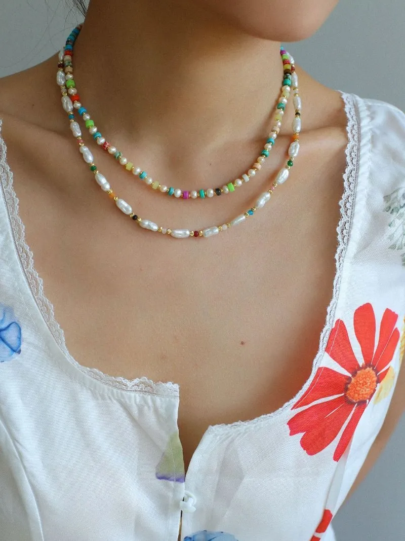 Candy-Colored Gemstone and Popcorn Pearl Beaded Necklace