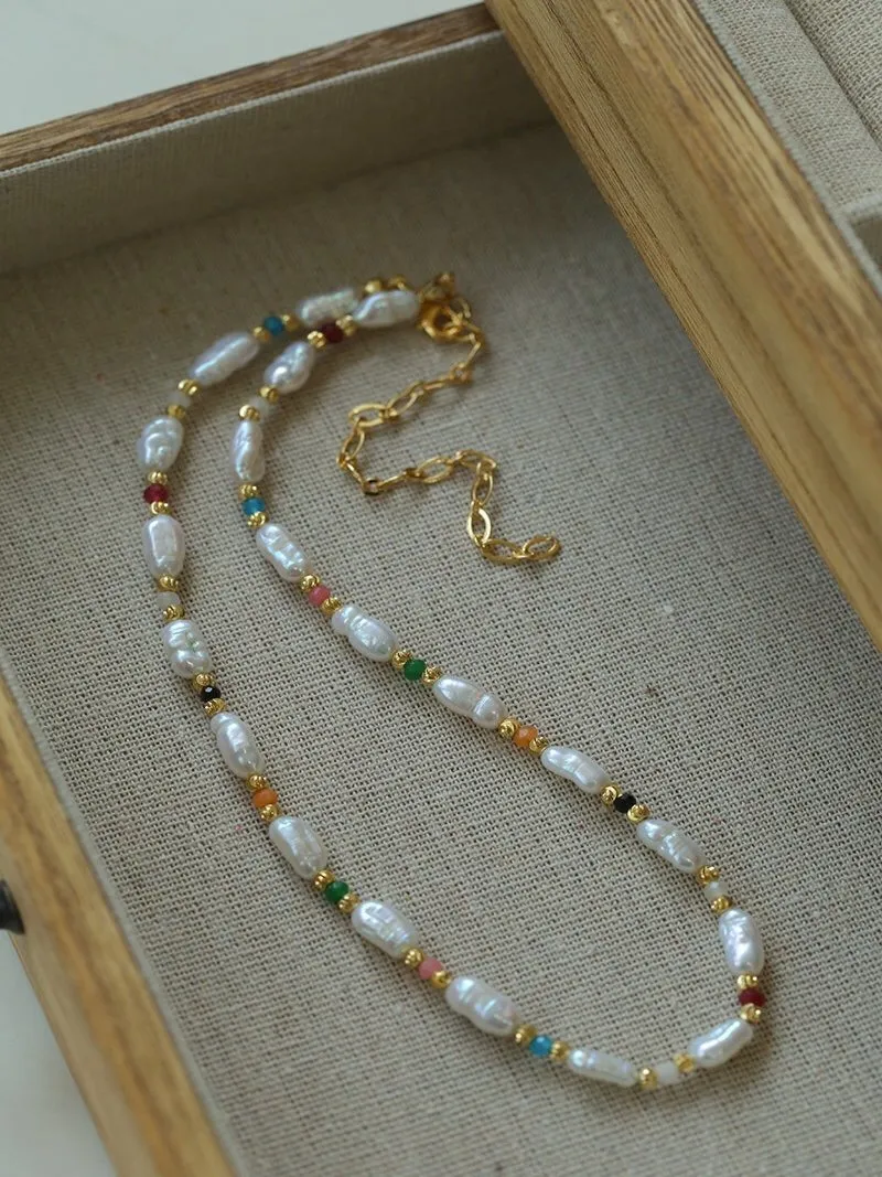 Candy-Colored Gemstone and Popcorn Pearl Beaded Necklace