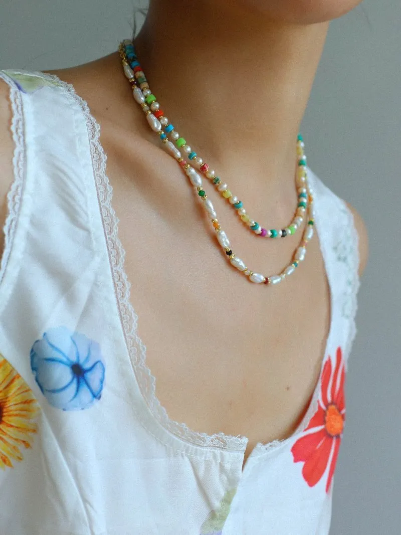 Candy-Colored Gemstone and Popcorn Pearl Beaded Necklace