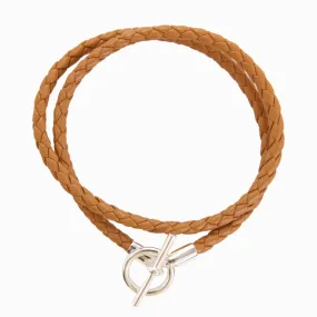 Cognac Braided Leather Bracelet with Sterling Silver T-Ring