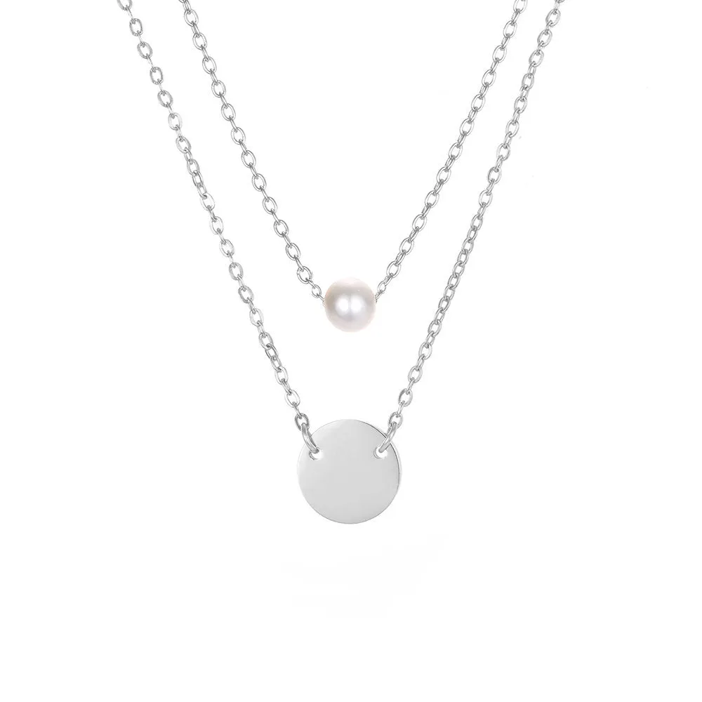 CUTE DISC AND PEARL LAYERED NECKLACE SET