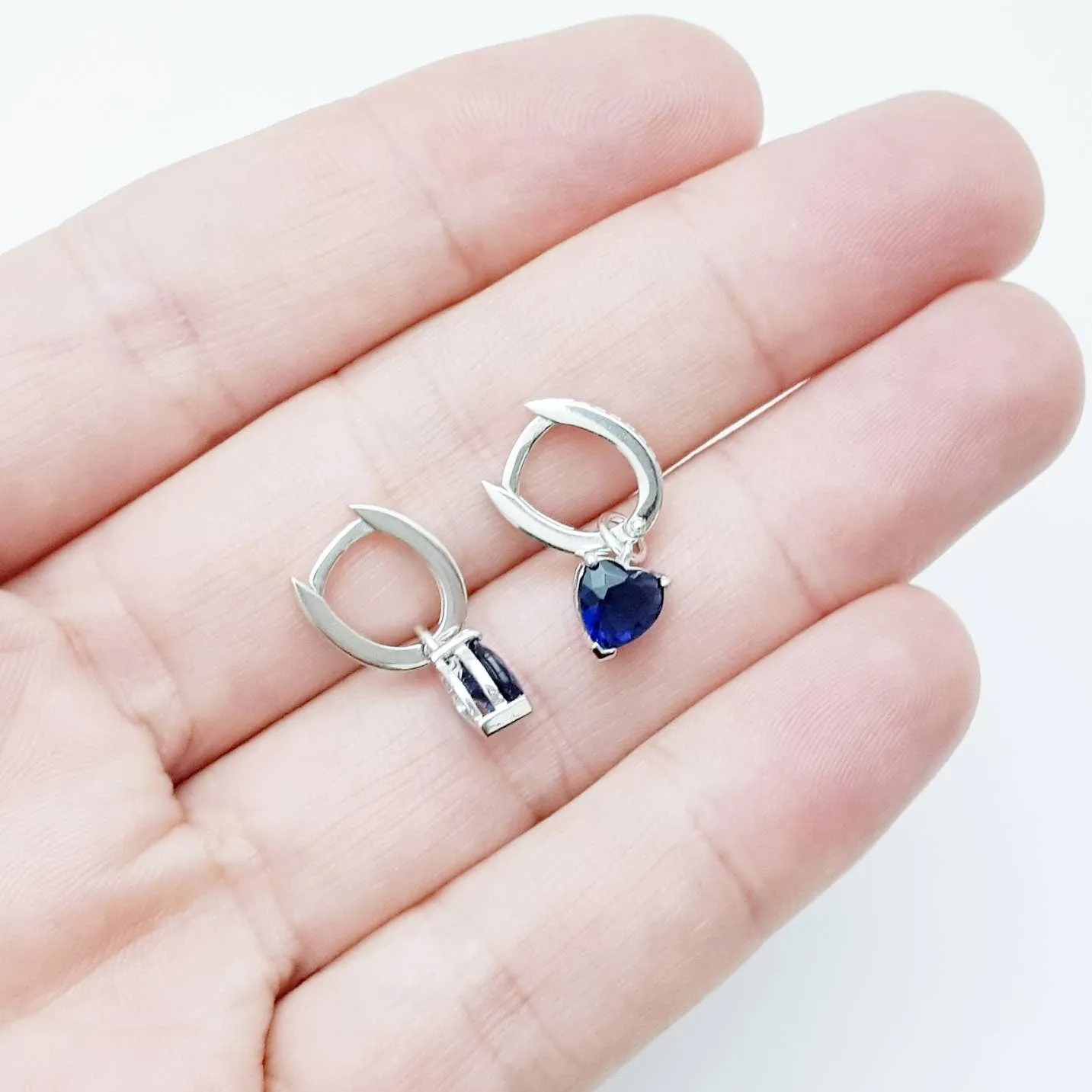 Dainty silver hoop earrings with removable blue heart drop, two earrings in one, faux sapphire minimal huggie earrings