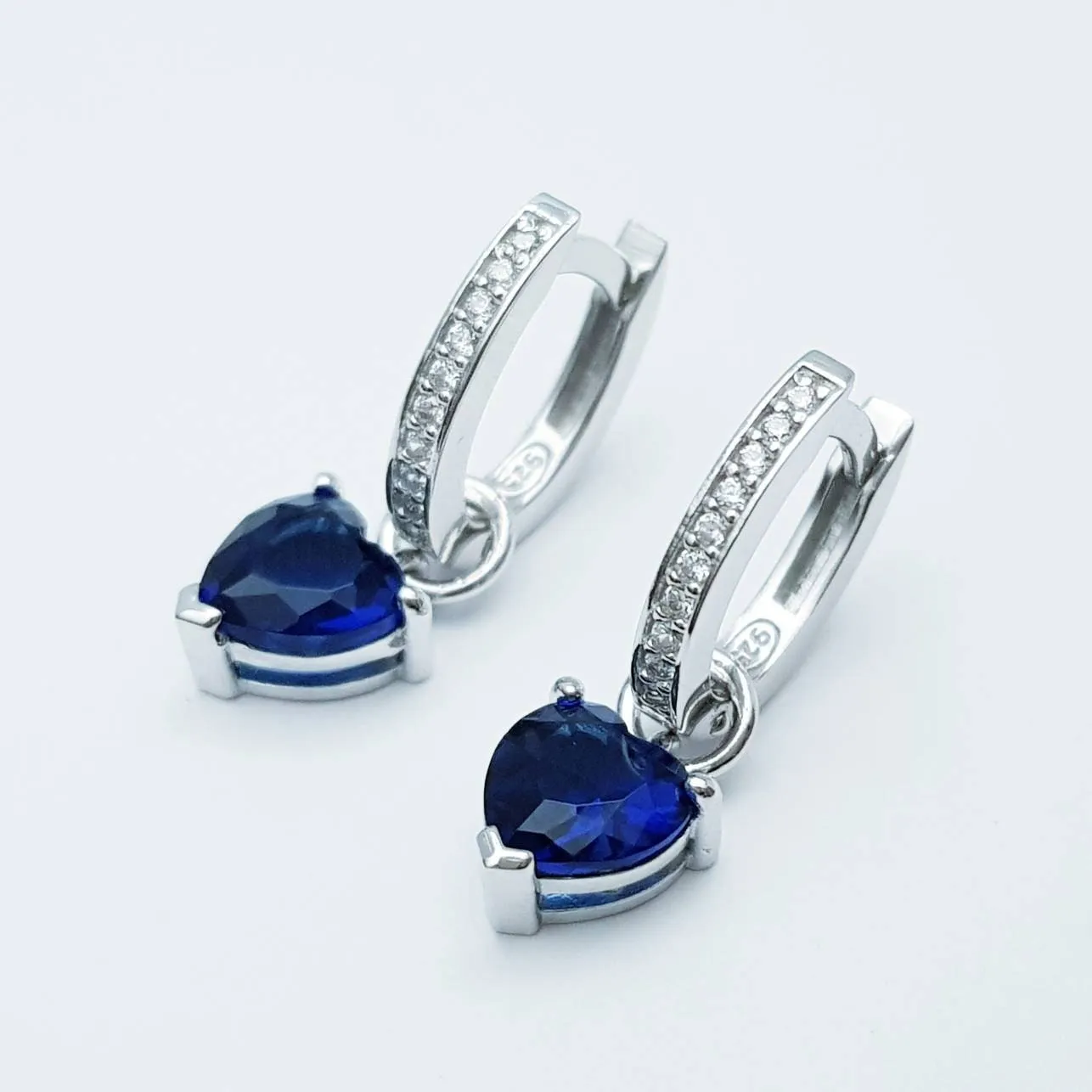 Dainty silver hoop earrings with removable blue heart drop, two earrings in one, faux sapphire minimal huggie earrings