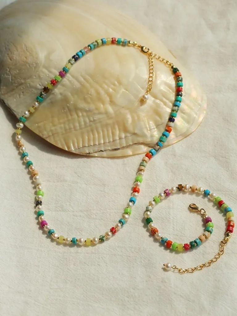 Dopamine-Colored Natural Stone and Pearl Beaded Necklace