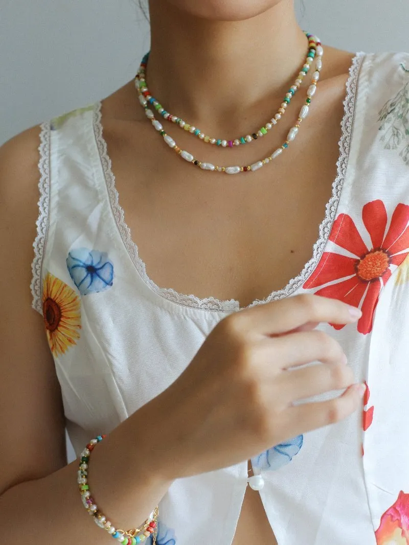 Dopamine-Colored Natural Stone and Pearl Beaded Necklace