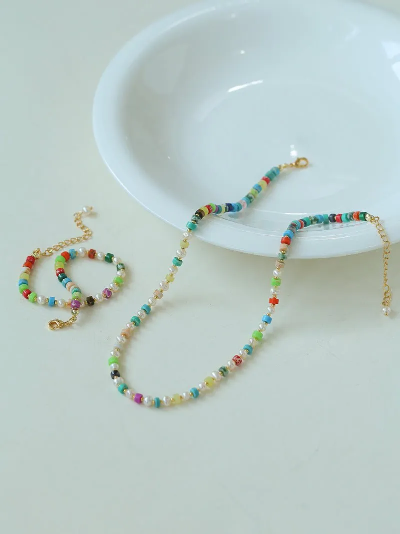 Dopamine-Colored Natural Stone and Pearl Beaded Necklace