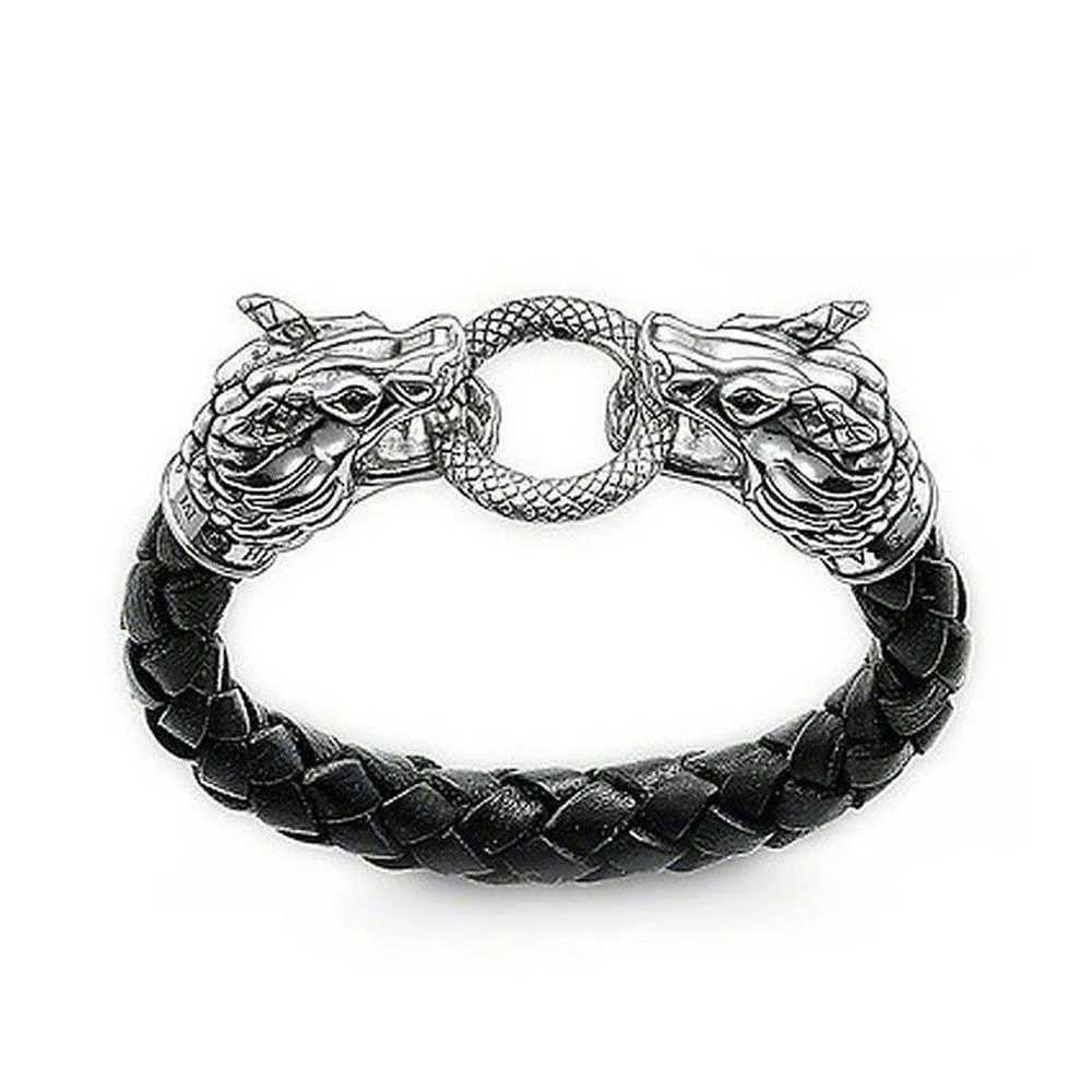 Double Dragon Leather and Silver Bracelet