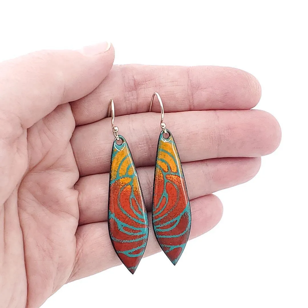 Earrings - Long Pointed Leaf (Red Orange Abstract on Teal) by Magpie Mouse Studios