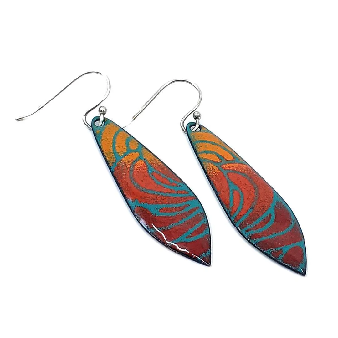 Earrings - Long Pointed Leaf (Red Orange Abstract on Teal) by Magpie Mouse Studios