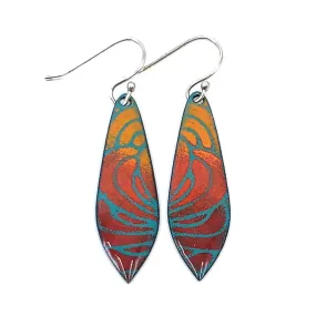 Earrings - Long Pointed Leaf (Red Orange Abstract on Teal) by Magpie Mouse Studios