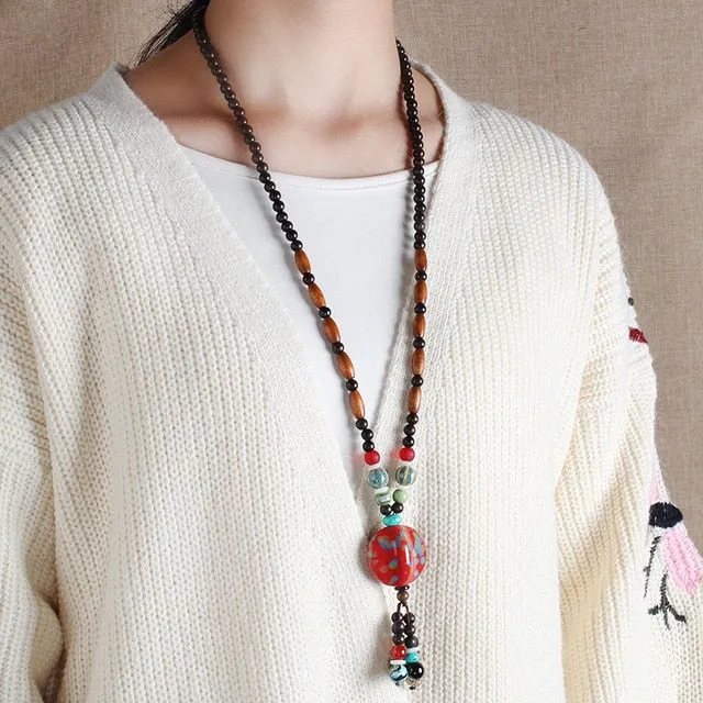 Ethnic Style Vintage Wooden Bead Necklace, Nepalese Style, Handmade and Creative Pendant Jewelry,Sweater necklace For women's