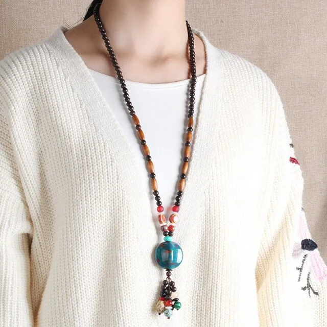 Ethnic Style Vintage Wooden Bead Necklace, Nepalese Style, Handmade and Creative Pendant Jewelry,Sweater necklace For women's