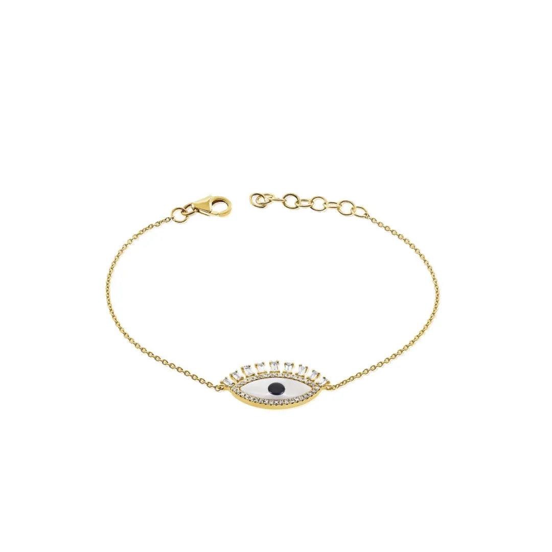 Evil Eye Chain Bracelet with Mother of Pearl, Black Agate and Diamonds