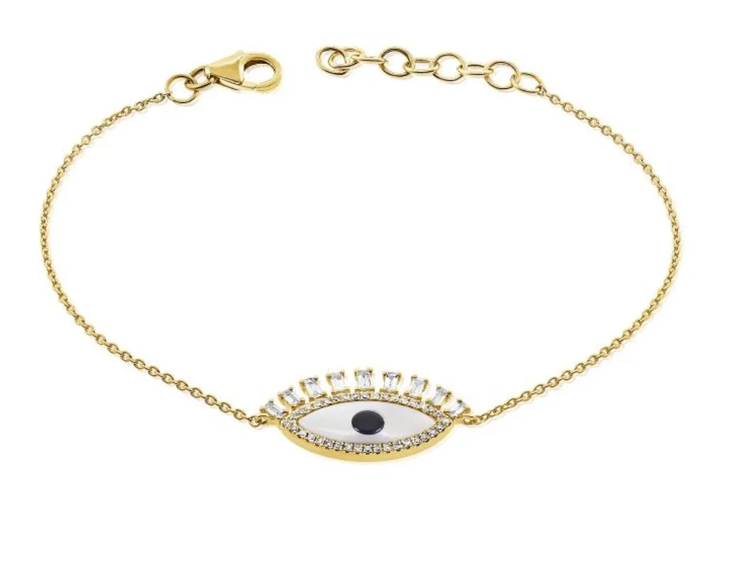 Evil Eye Chain Bracelet with Mother of Pearl, Black Agate and Diamonds