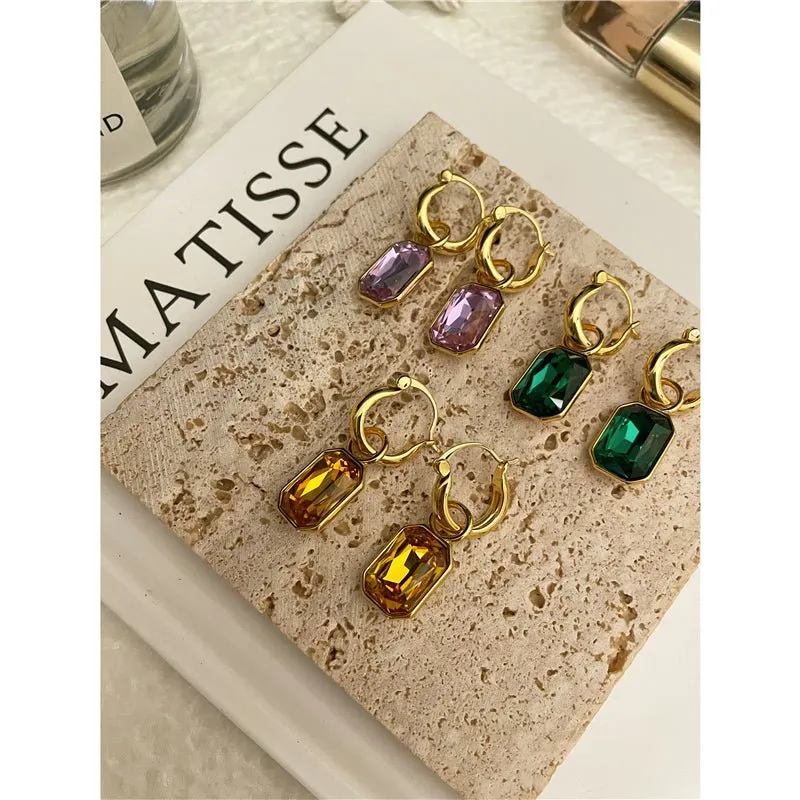 French Pastoral Brass Color Stone Earrings