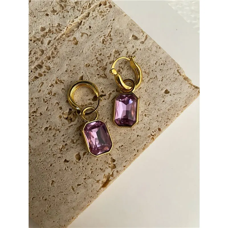 French Pastoral Brass Color Stone Earrings