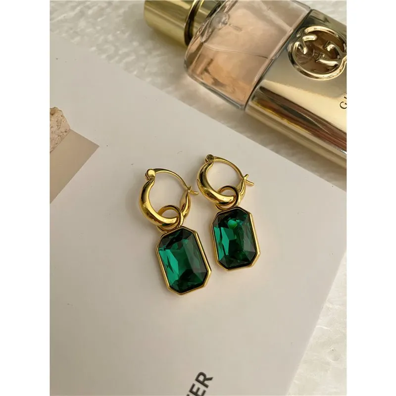 French Pastoral Brass Color Stone Earrings