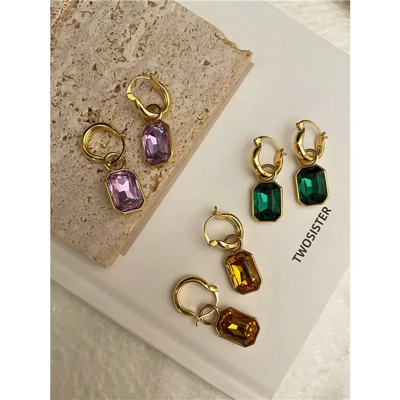 French Pastoral Brass Color Stone Earrings