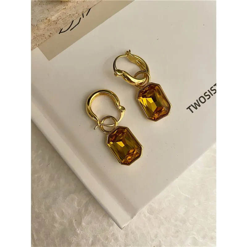 French Pastoral Brass Color Stone Earrings