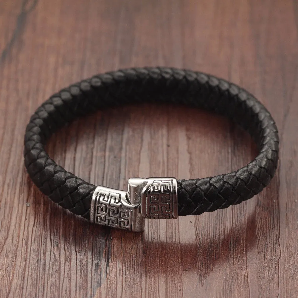 Genuine leather bracelet men stainless steel leather hand woven Bracelet magnetic buckle punk rock pulseiras masculina