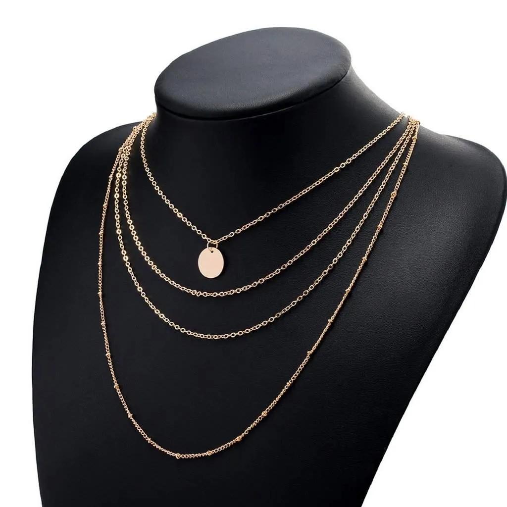 Gold Layered Disc and Chain Long Necklace