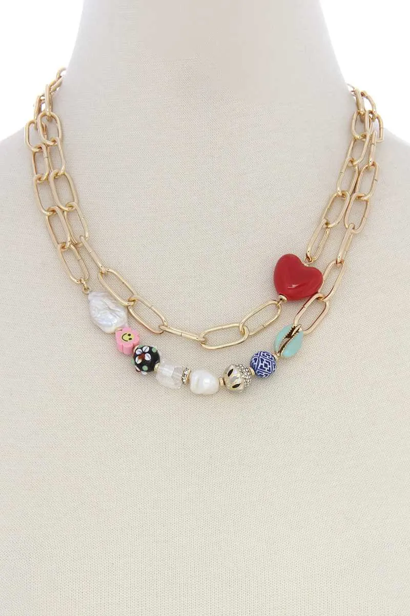 Heart Shape Beaded Oval Link Layer Necklace