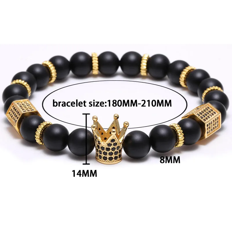 Hot Sale Micro Pave Black CZ Zirconia Gold Plated King Crown Charm ATOLYEWOLF Bracelet Men Dull Polish Matte Stone Bead Bracelet