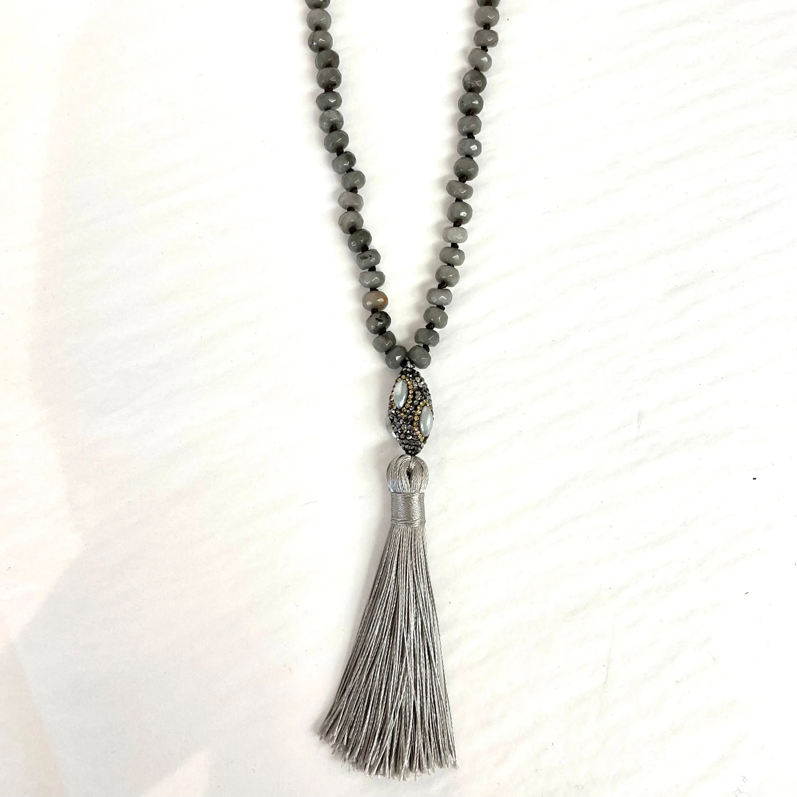 Long Beaded Necklace with Gray Tassel