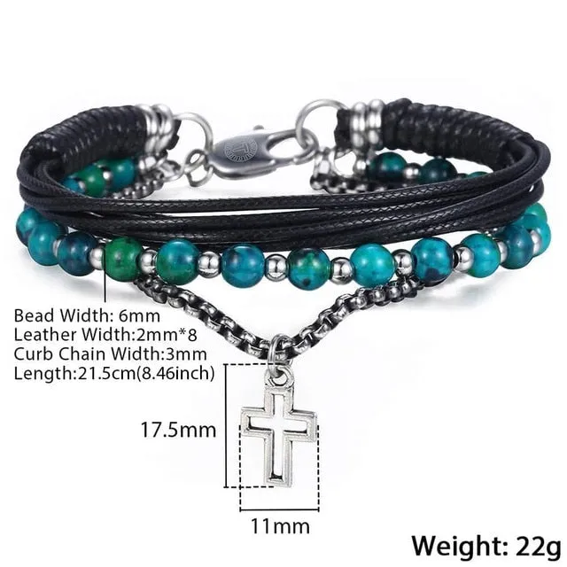 men boy Stainless Steel Cross Charm Leather Bracelet