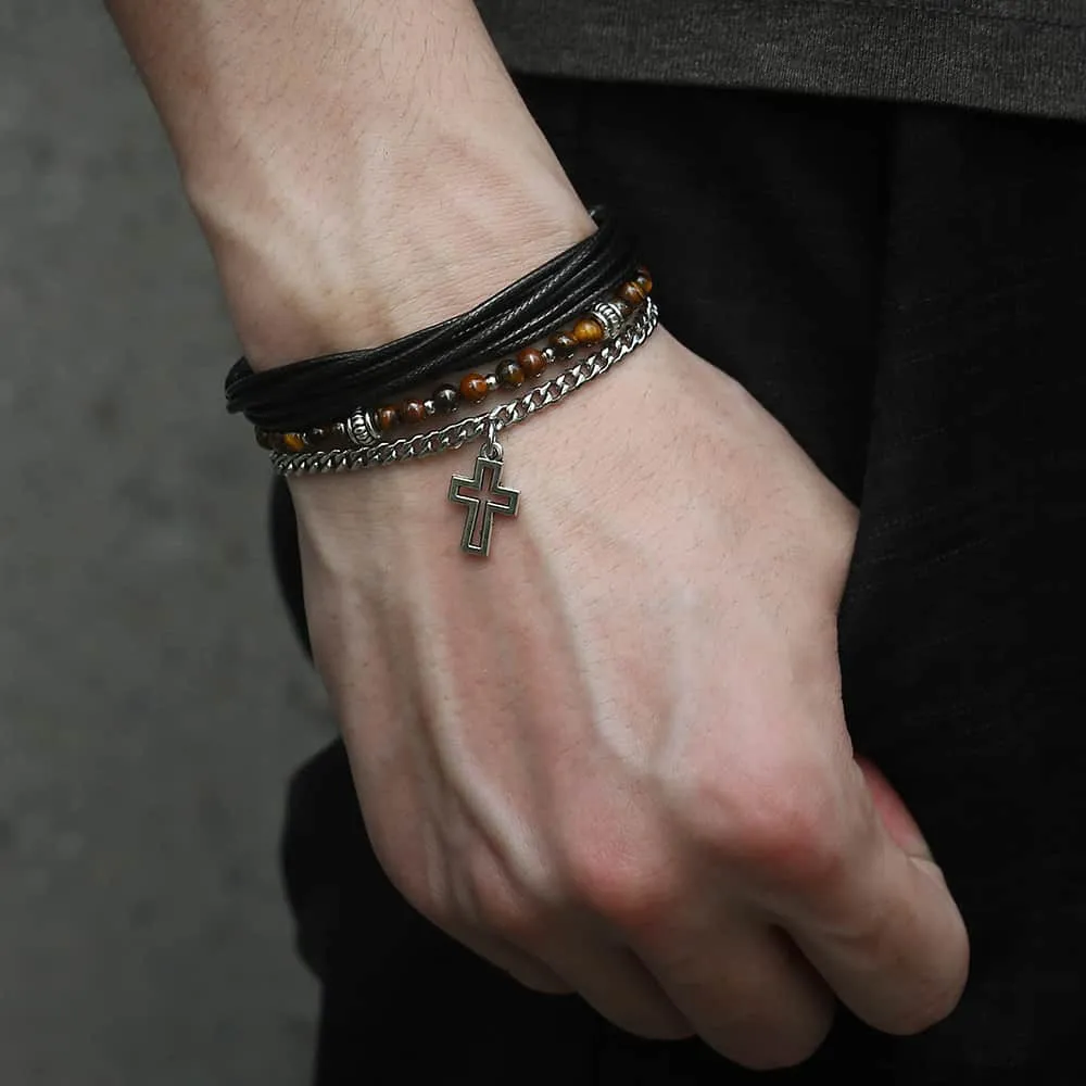 men boy Stainless Steel Cross Charm Leather Bracelet