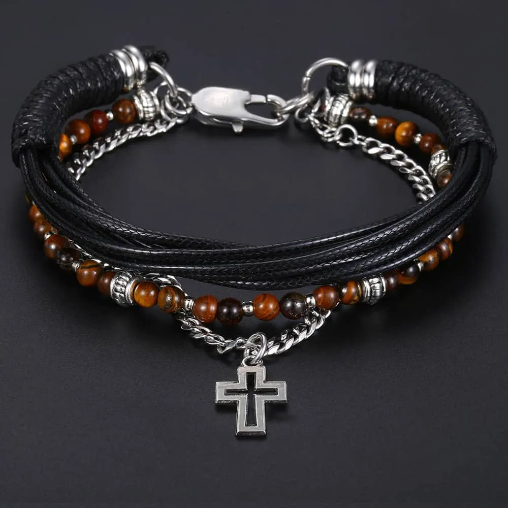 men boy Stainless Steel Cross Charm Leather Bracelet