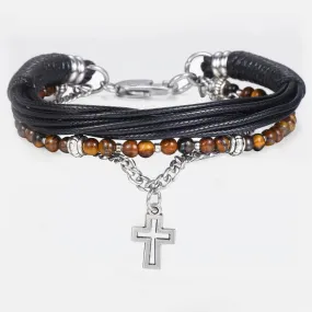 men boy Stainless Steel Cross Charm Leather Bracelet