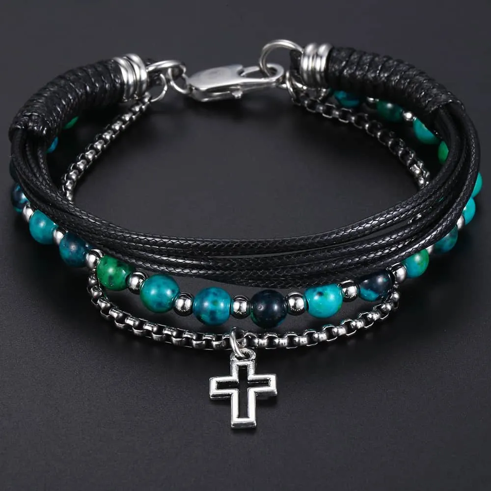 men boy Stainless Steel Cross Charm Leather Bracelet