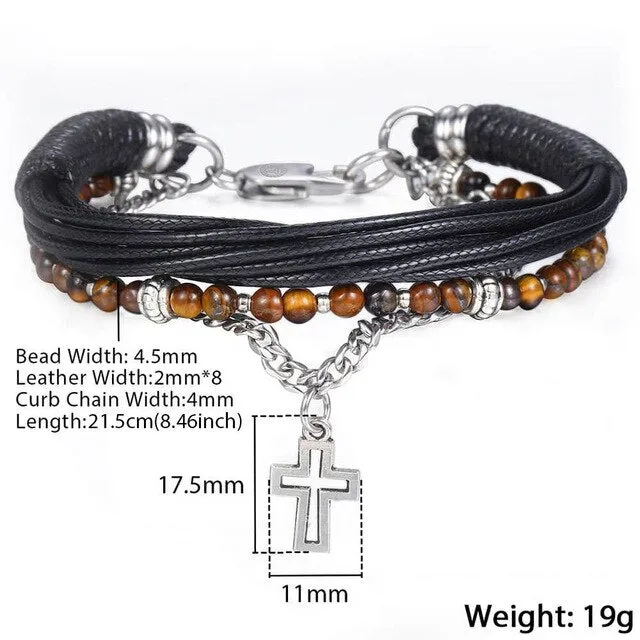 men boy Stainless Steel Cross Charm Leather Bracelet