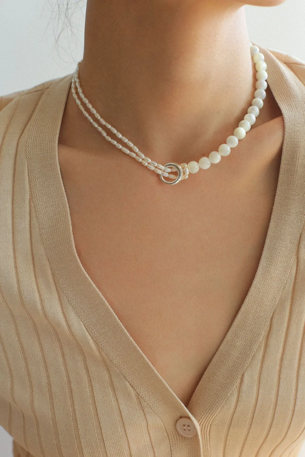 Millet Pearl and White Mother-of-Pearl Beaded Choker Necklace